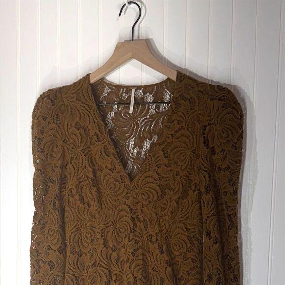 Free People brown lace puff sleeve minidress S boho romantic cottagecore witchy - Picture 3 of 8